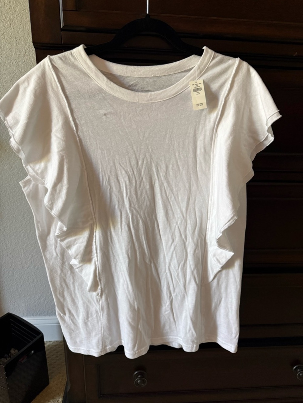 Aerie Women's White Ruffle Sleeve Top - Classic Crew Neck